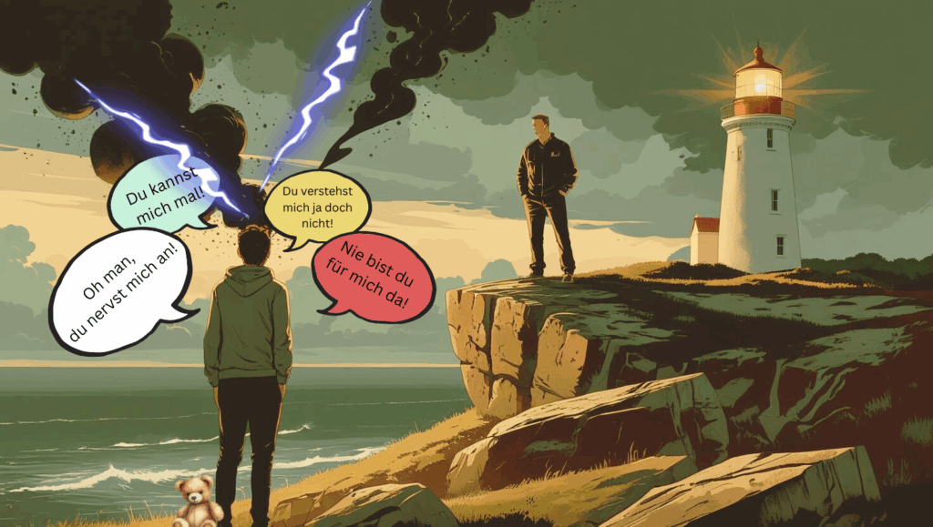 Vater mit Leuchtturm im Hintergrund schaut auf Teenager, der sich unverstanden fühlt.