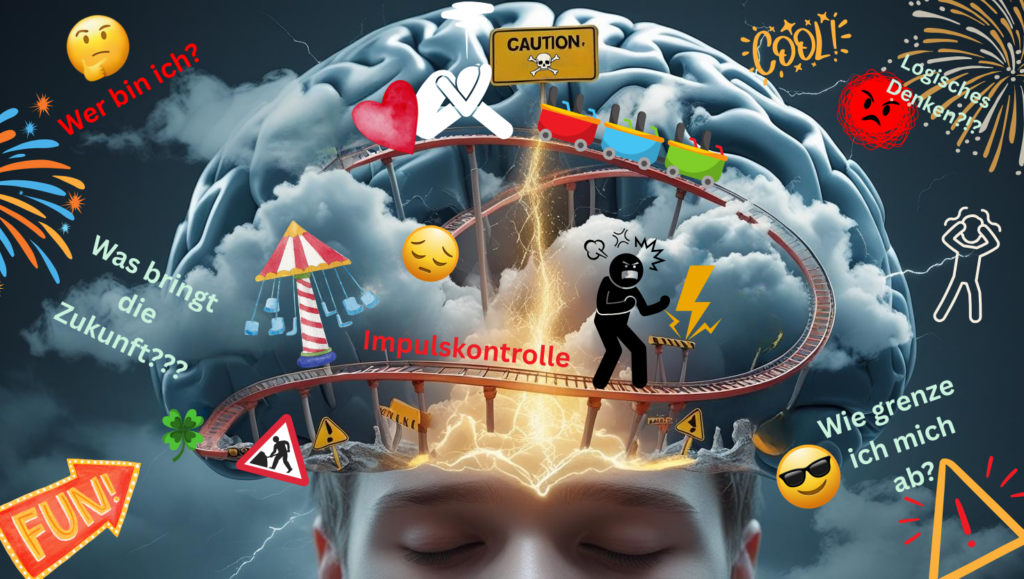 Teenager mit transparentem Gehirn, in dem alle möglichen Gedanken zu Chaos führen. Es ist außerdem eine Achterbahn (der Gefühle) zu sehen.