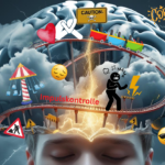 Teenager mit transparentem Gehirn, in dem alle möglichen Gedanken zu Chaos führen. Es ist außerdem eine Achterbahn (der Gefühle) zu sehen.